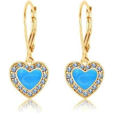 Heart Enamel Crystal Yellow Gold Plating Girl's Leverback Earring Blue