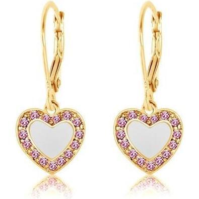 Heart Enamel Crystal Yellow Gold Plating Girl's Leverback Earring White and Pink