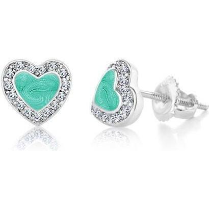 Heart Enamel Crystal Palldium Plating Girl's Screwback Stud Earring Green