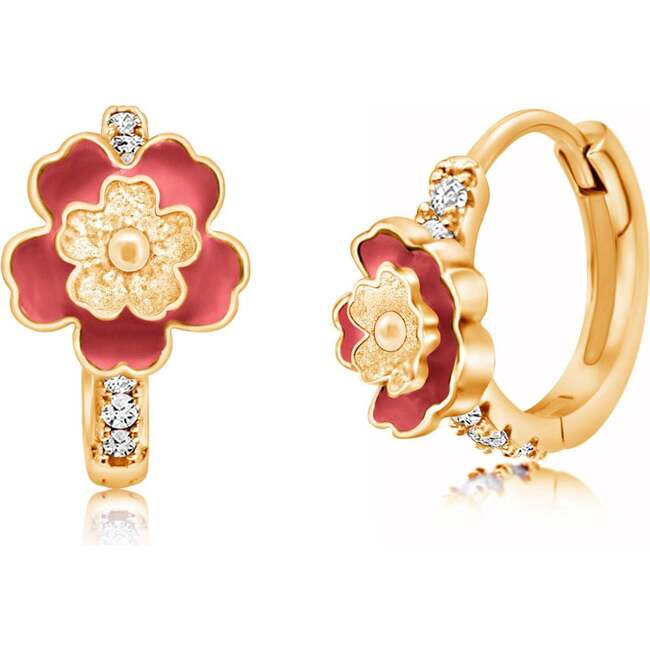 Flower Red Crystal Yellow Gold Plating Girls Leverback Earring