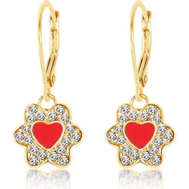 Flower Red Heart Crystal Yellow Gold Plating Girl's Leverback Earrings