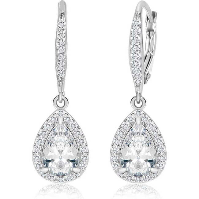 Crystal Tear Drop White Gold Palladium Girl's Leverback Earrings Clear