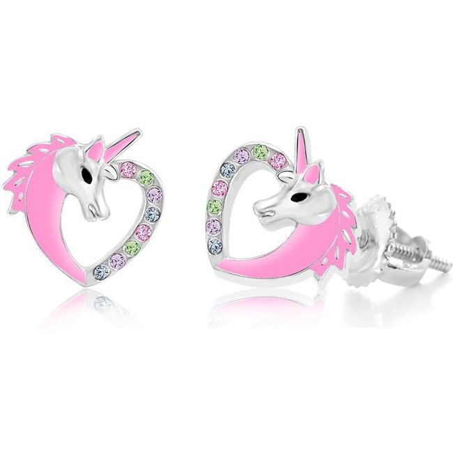 Crystal Pink Enamel Unicorn Heart Screwback Earrings