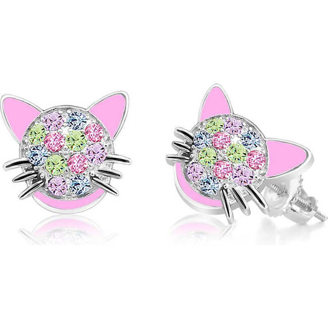 Cat Face Multicolored Crystal White Gold Palladium Girl's Stud Earring