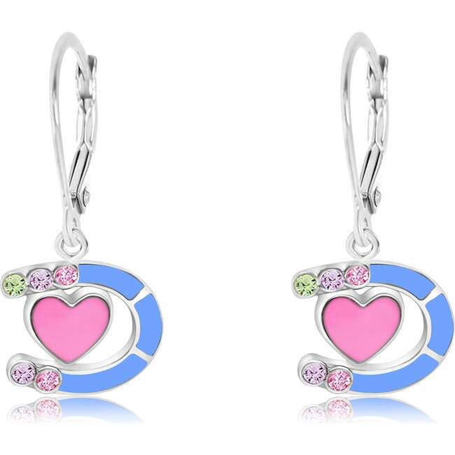 Blue Horse Shoe Heart Multi-color Crystal White Gold Palladium Plating Girl's Leverback Earring