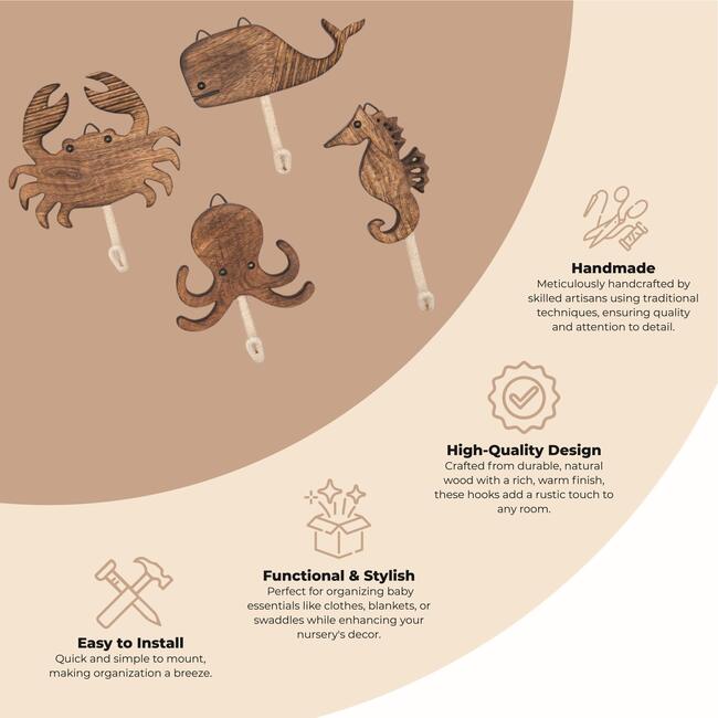 Cove 4-pc. Coastal Wooden Nursery Wall Hooks - Wall Décor - 3