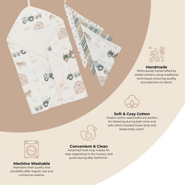 Charlie Farmhouse Tractor Baby Bath Towel & Wash Cloth Set - Towels - 4