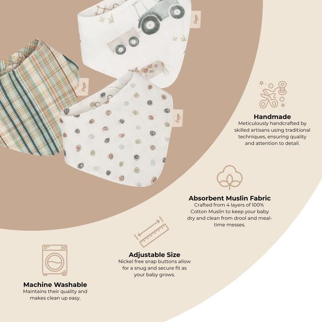 Charlie 3-pc. Farmhouse Tractor Muslin Baby Bib Set - Bibs - 3