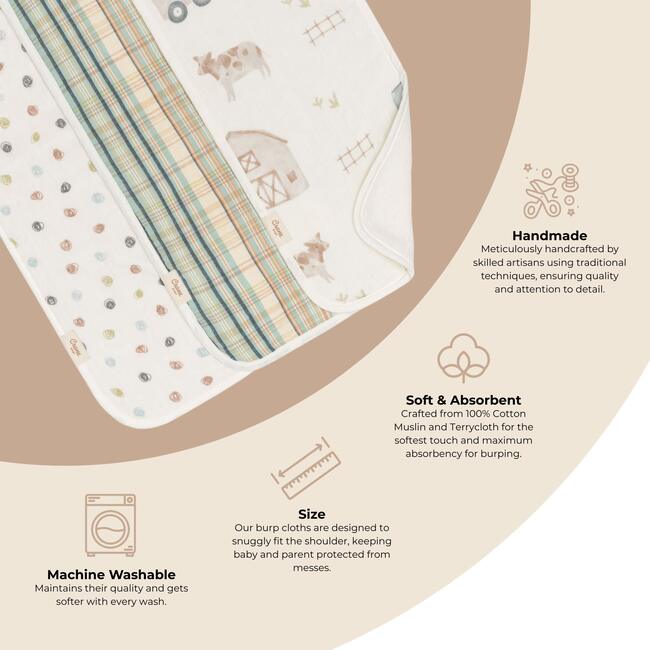 Charlie 3-pc. Farmhouse Tractor Newborn Baby Burp Cloth Set - Burp Cloths - 3