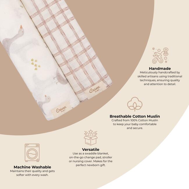 Charlie 2-pc. Farmhouse Goose/Check Muslin Swaddle Set - Swaddles - 4