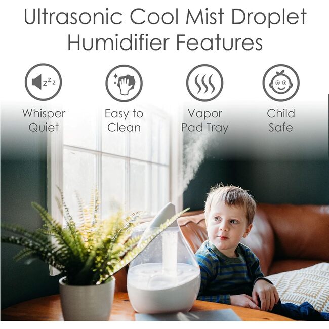 Droplet Cool-Mist Humidifier with Vapor Tray, 0.5. Gal. - Clear & White