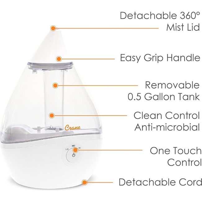 Droplet Cool-Mist Humidifier with Vapor Tray, 0.5. Gal. - Clear & White - Humidifiers - 3