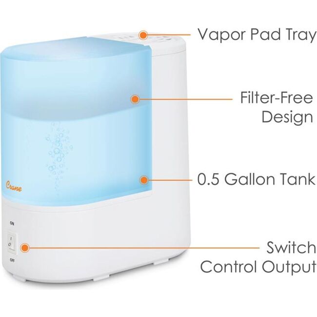 Crane Warm Mist Humidifier, 0.5 Gallon Tank, Steam Treatment with Vapor Pad Tray, Auto Shut-Off, Filter-Free, Quiet for Bedroom & Home