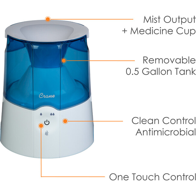 Crane Warm Mist Humidifier, 0.5 Gallon, Pure Mist, Air Humidifier for Home Bedroom and Office, Blue & White