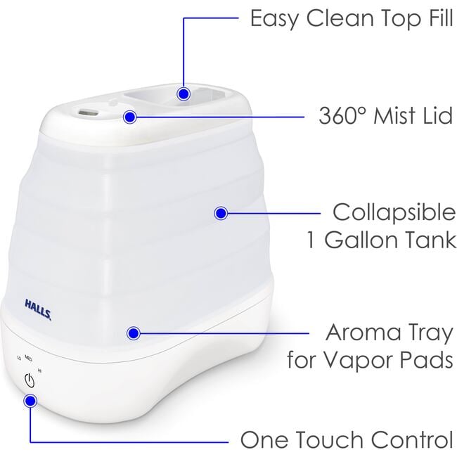 HALLS® Collapsible Cool Mist Humidifier, 3.5L/1 Gallon, White - Humidifiers - 3