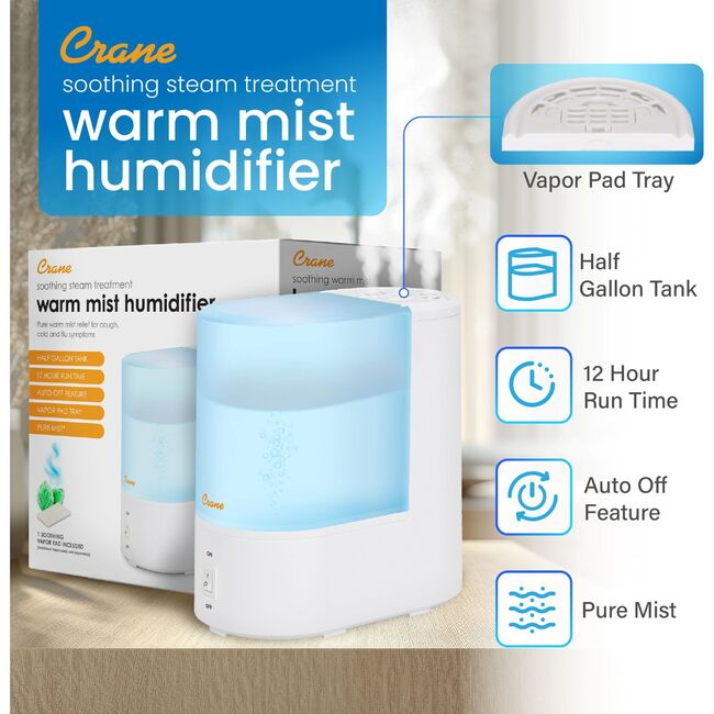 Crane Warm Mist Humidifier, 0.5 Gallon Tank, Steam Treatment with Vapor Pad Tray, Auto Shut-Off, Filter-Free, Quiet for Bedroom & Home - Humidifiers - 4