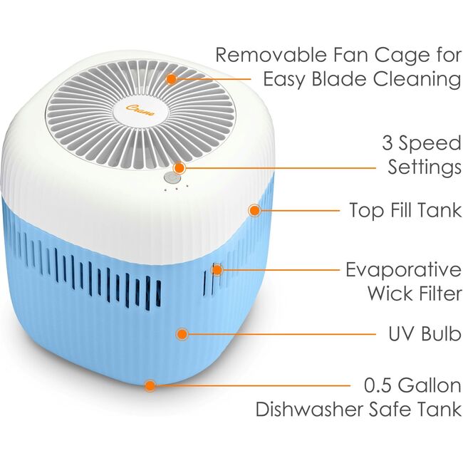 Crane Cool Mist Evaporative Humidifier, 0.5 Gal Top Fill, UV Light, Wick Filter, Dishwasher Safe Tank, Quiet, 3 Speeds, Blue/White - Humidifiers - 3