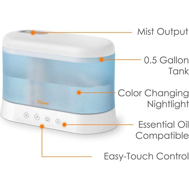 Crane 0.5 Gallon Top Fill Cool Mist Humidifier & Essential Oil Diffuser, Whisper-Quiet, 15-Hour Run Time, Night Light, Small Room Air Humidifier - Humidifiers - 3