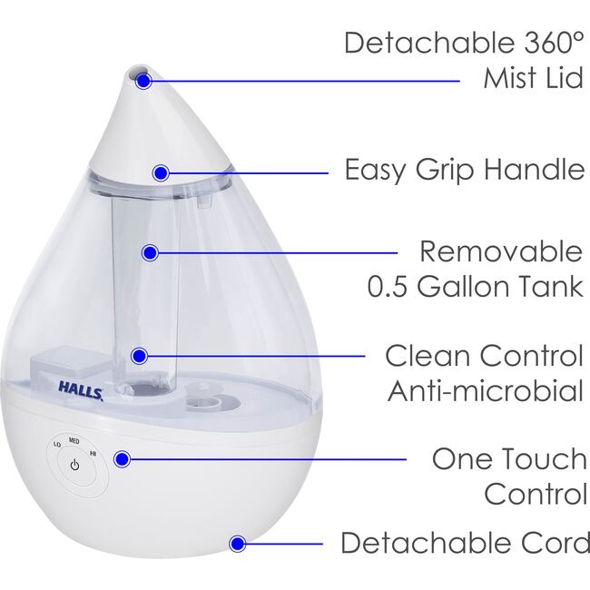 Crane x HALLS® Droplet Cool Mist Humidifier, 0.5 GAL, Clear/White