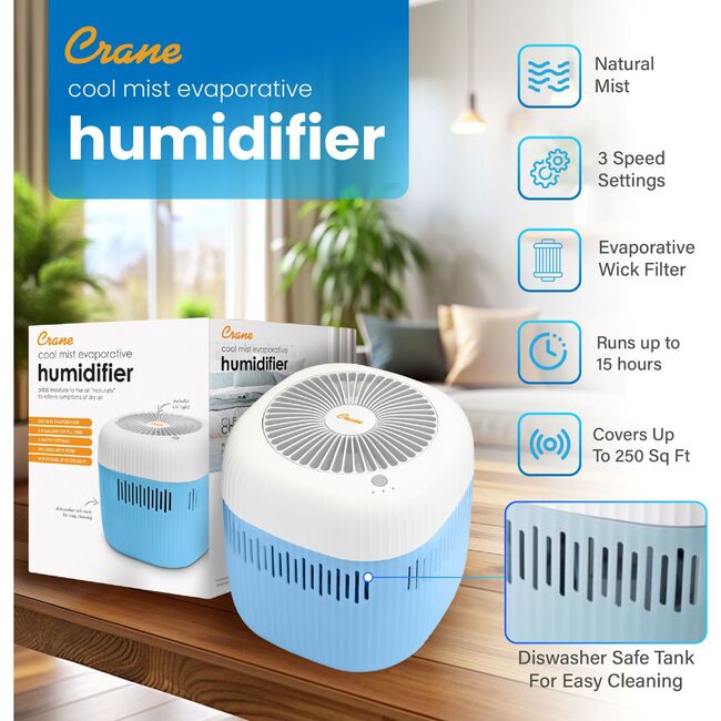 Crane Cool Mist Evaporative Humidifier, 0.5 Gal Top Fill, UV Light, Wick Filter, Dishwasher Safe Tank, Quiet, 3 Speeds, Blue/White - Humidifiers - 6