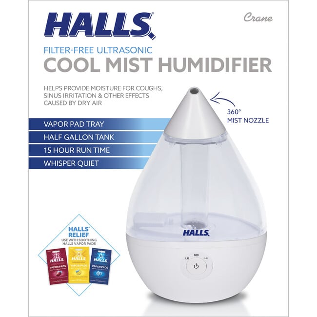 Crane x HALLS® Droplet Cool Mist Humidifier, 0.5 GAL, Clear/White - Humidifiers - 5