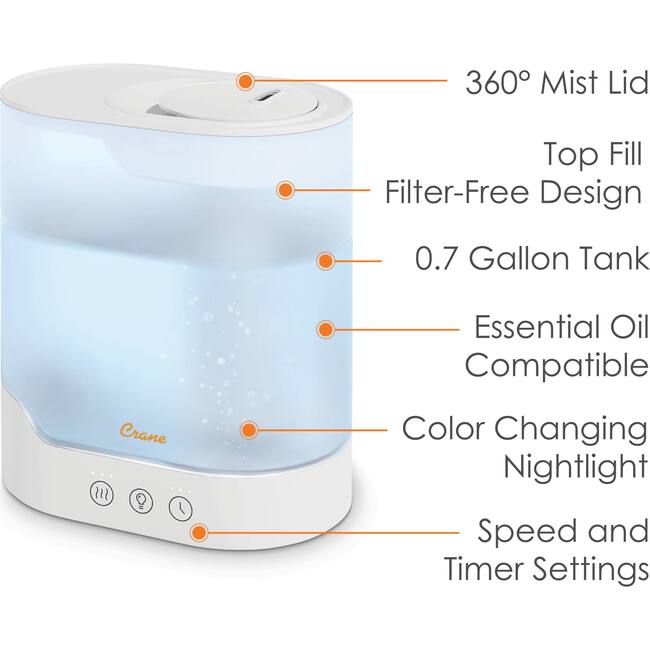 Crane 0.7 Gallon Top Fill Cool Mist Humidifier and Aroma Diffuser, with Color-Changing Night Light and Aroma Diffuser Function, Humidifier For Bedroom, Office or Nursery - Humidifiers - 3
