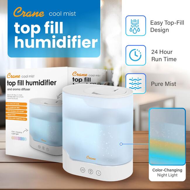 Crane 0.7 Gallon Top Fill Cool Mist Humidifier and Aroma Diffuser, with Color-Changing Night Light and Aroma Diffuser Function, Humidifier For Bedroom, Office or Nursery - Humidifiers - 4