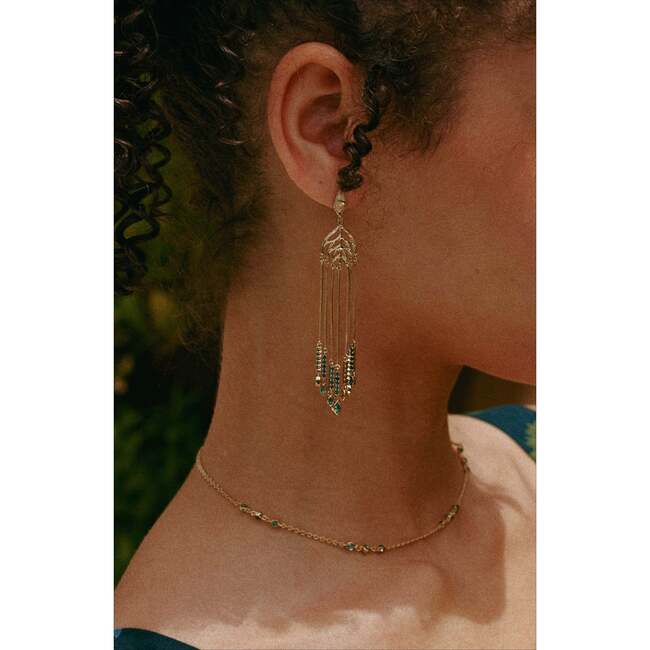 Verdant Whisper Tassels Earrings, Gold & Green - Earrings - 3