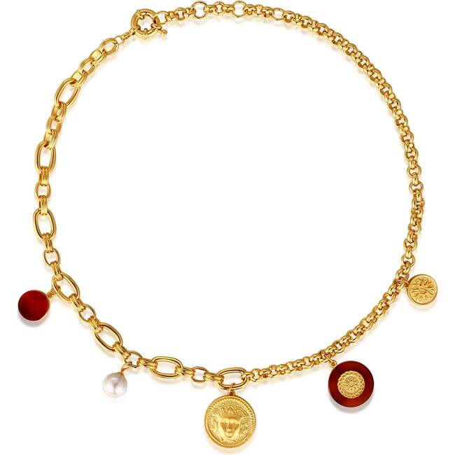 Retro Coin Necklace, Gold & Red