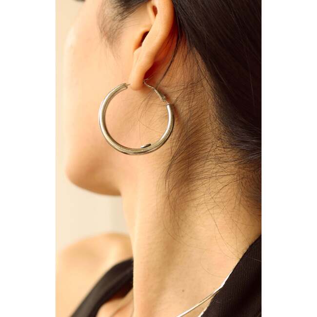 Retro Medium Hoop Earrings, Silver - Earrings - 3