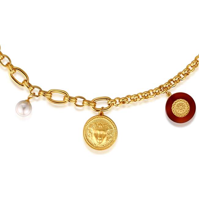 Retro Coin Necklace, Gold & Red