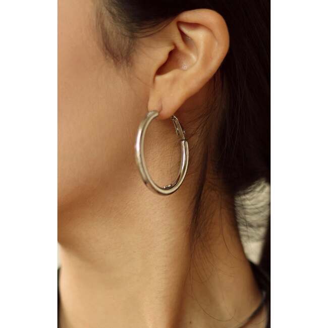 Retro Medium Hoop Earrings, Silver - Earrings - 4