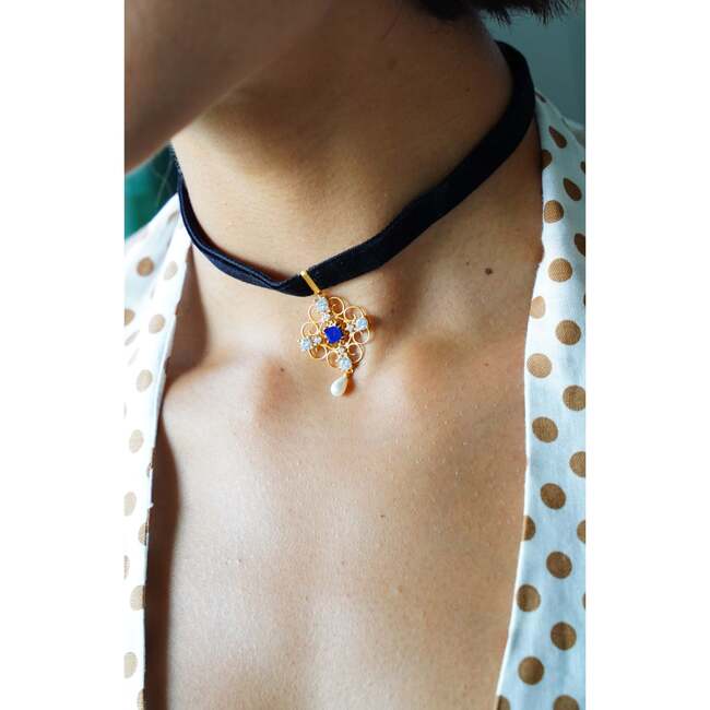 Orchid Dream Choker, Blue & Gold & Black - Necklaces - 3