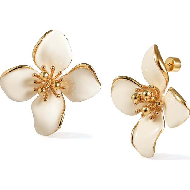 Large Iris Blossom Stud Earrings, White & Gold