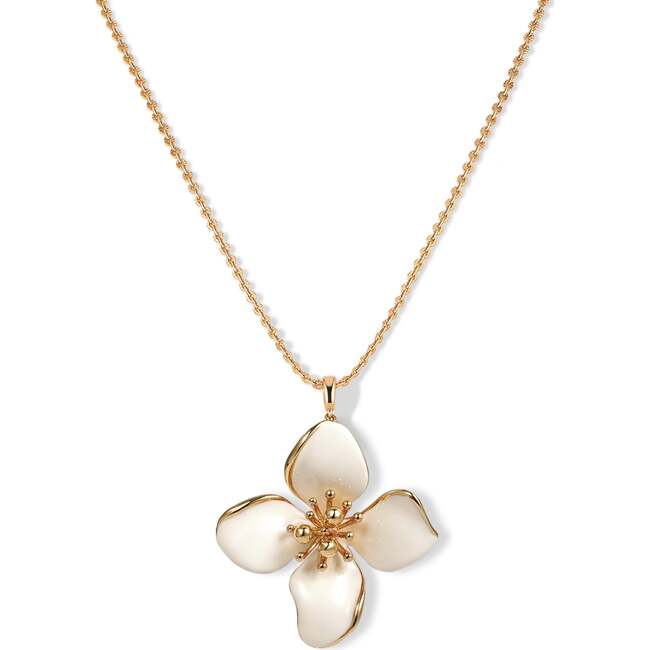 Large Iris Blossom Pendant Neckalce, White & Gold