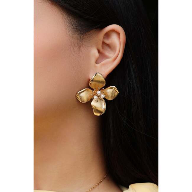 Large Iris Blossom Stud Earrings, Gold & White - Earrings - 3