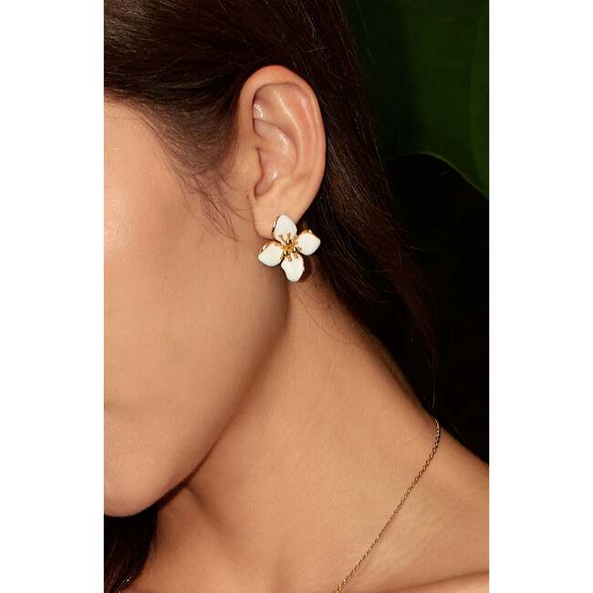Iris Blossom Stud Earrings, White & Gold - Earrings - 3