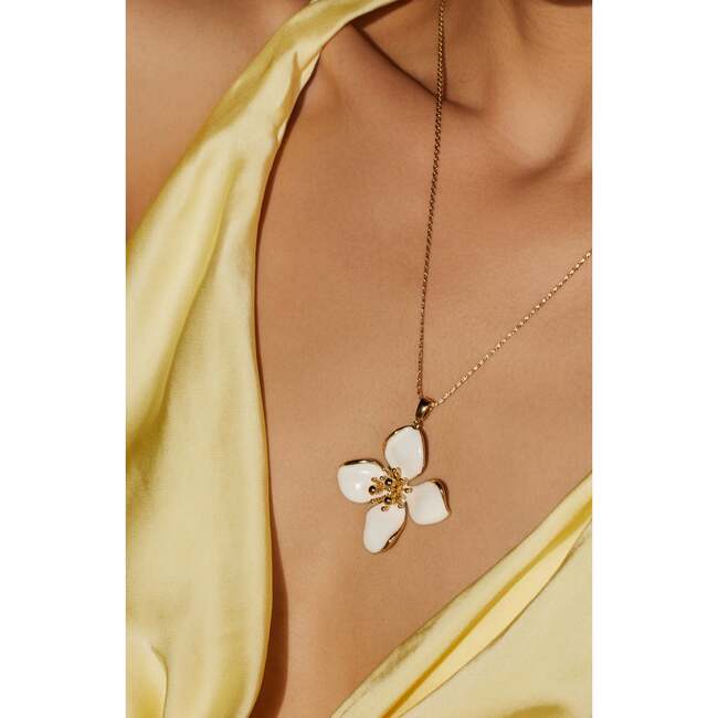 Large Iris Blossom Pendant Neckalce, White & Gold