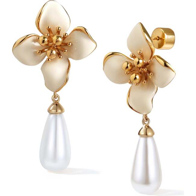 Iris Blossom Pearl Earrings, White & Gold