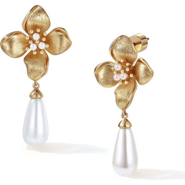 Iris Blossom Pearl Earrings, Gold & White
