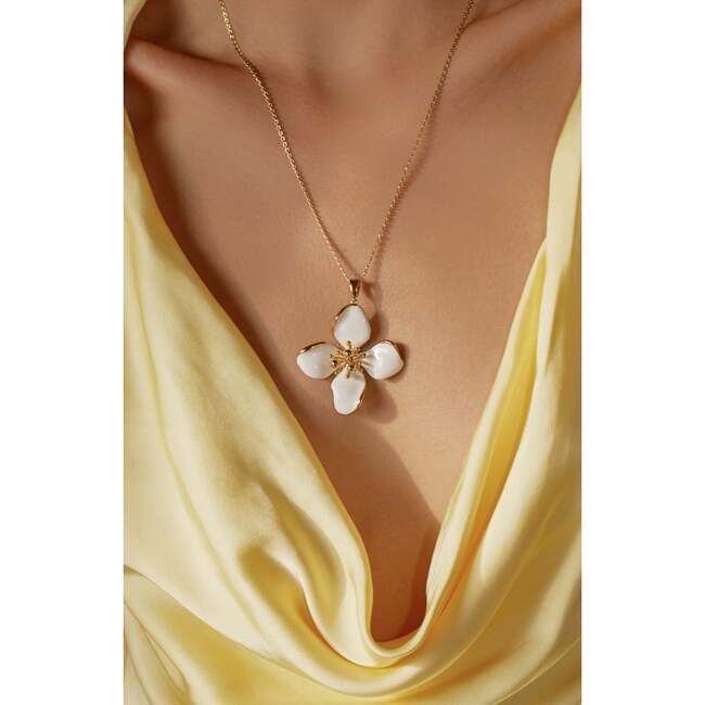 Large Iris Blossom Pendant Neckalce, White & Gold - Necklaces - 3