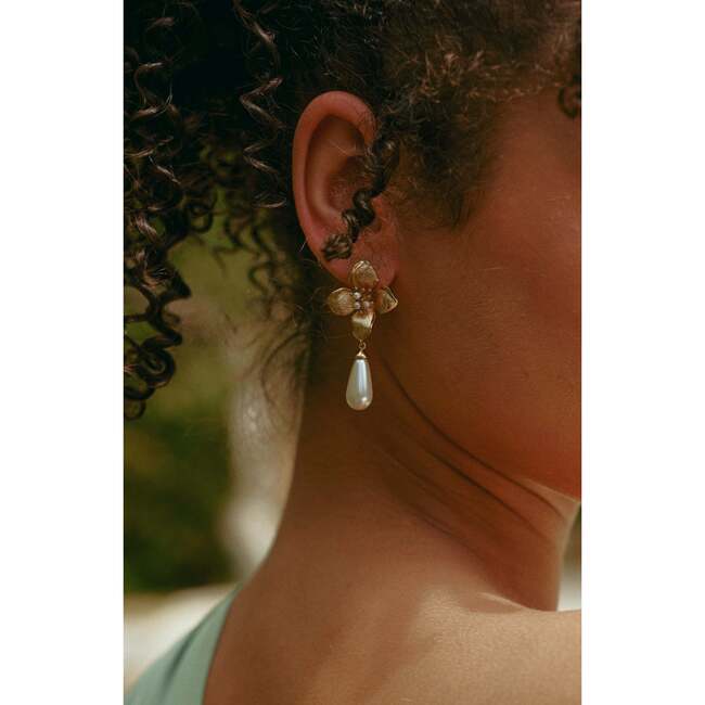 Iris Blossom Pearl Earrings, Gold & White - Earrings - 3