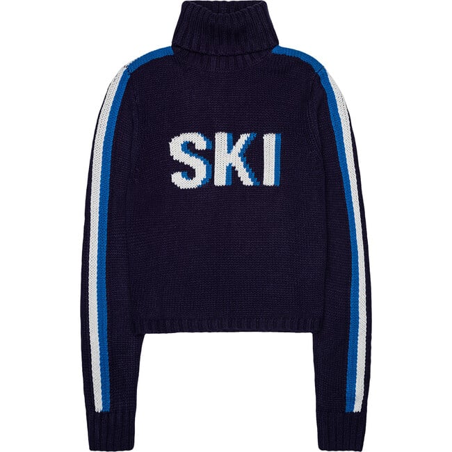Women's Retro Ski Knit Cropped Turtleneck Sweater, Navy