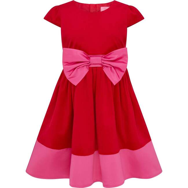 Paris Bow Satin Girls Party Dress, Red & Pink