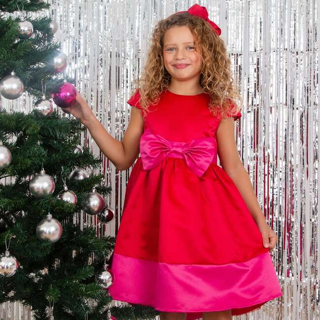 Paris Bow Satin Girls Party Dress, Red & Pink