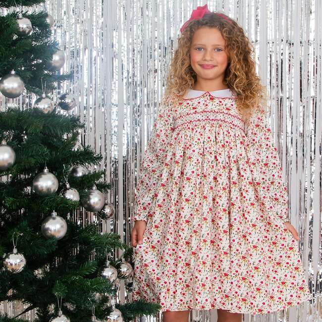 Flora Hand Smocked Floral Dress, Red