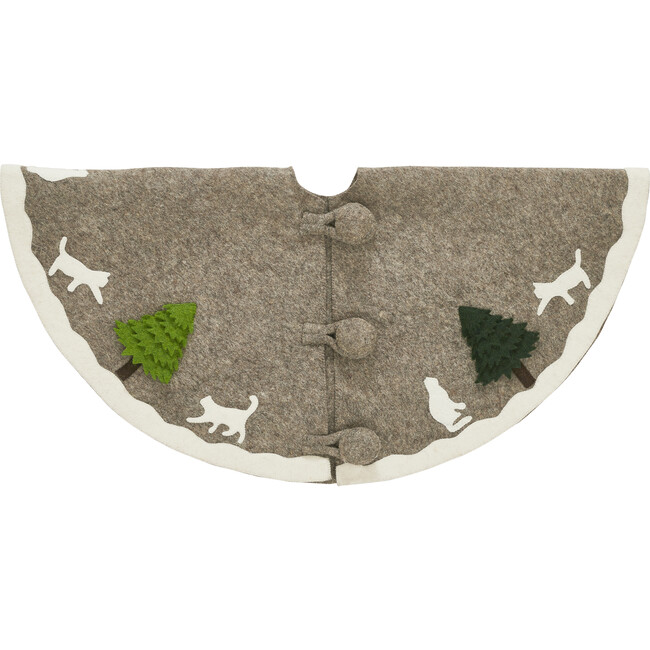 Handmade Felted Grey Christmas Tree Skirt - 36", Cream Cats & Green Trees
