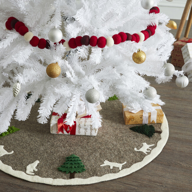 Handmade Felted Grey Christmas Tree Skirt - 36", Cream Cats & Green Trees - Tree Skirts - 3