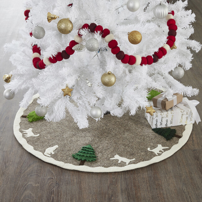 Handmade Felted Grey Christmas Tree Skirt - 36", Cream Cats & Green Trees - Tree Skirts - 4