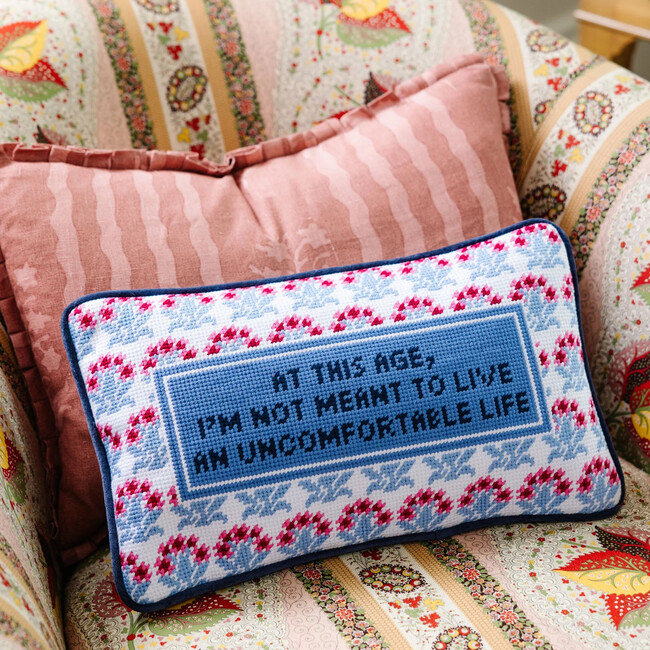 Uncomfortable Needlepoint Pillow, Navy Blue, White, Pink, Red